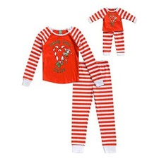 Dollie & Me Red Holiday Candy Cane Cutie Pajama Set for Girl Size 7 & 18" Doll