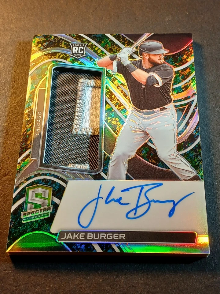 JAKE BURGER RC 2022 Panini Chronicles Spectra Neon Green Patch on card Auto /16  - Image 3 of 4