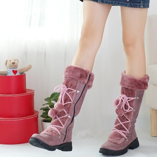 Womens Lace Up Winter Warm Faux Suede Pom Snow Boots Knee High Boots Shoes Size - Imagen 2 de 18