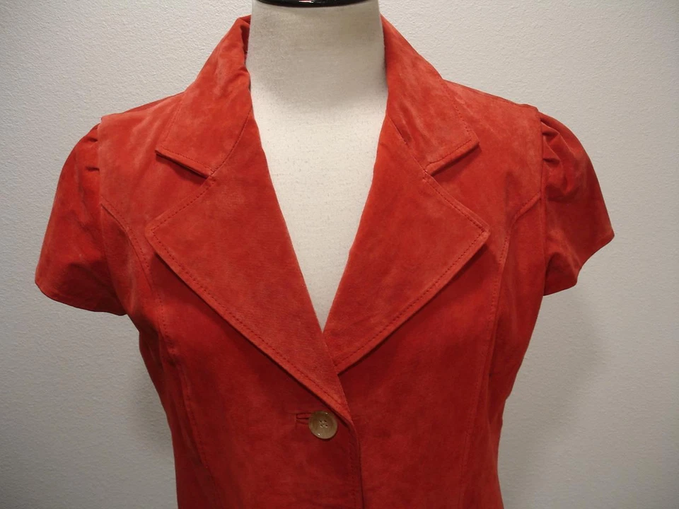 女式 XL Iman 红色麂皮绒皮革背心帽袖夹克口袋领纽扣 — 第 2/4 张图片