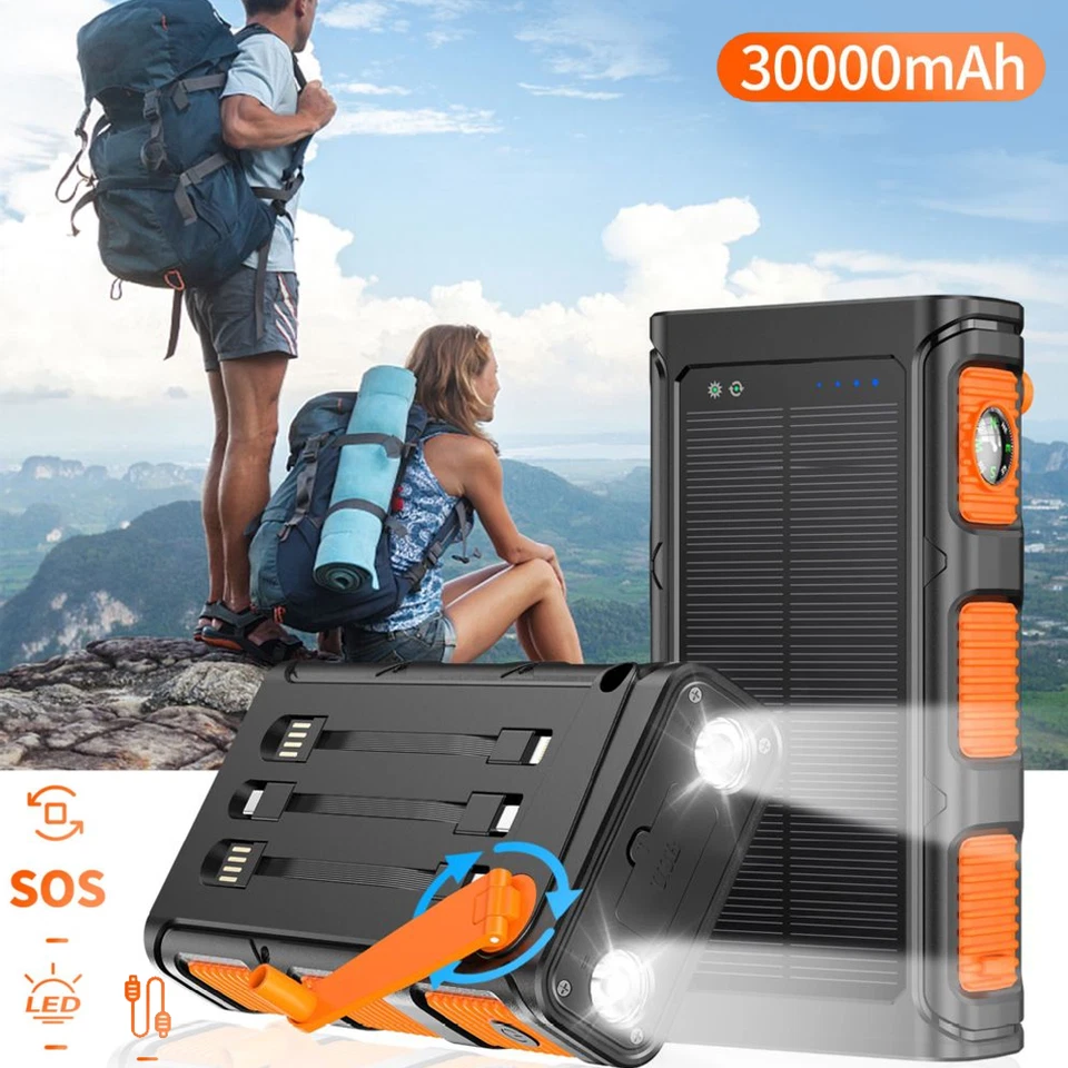 30000mAh Hand Crank PD20W Solar Power Bank Charger Built in Cables Fast Charging - Image 2 of 4
