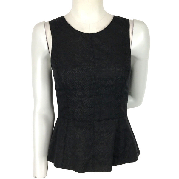 Sportsgirl Blouse Black Size 6 Peplum Sleeveless Snake Skin Pattern Business