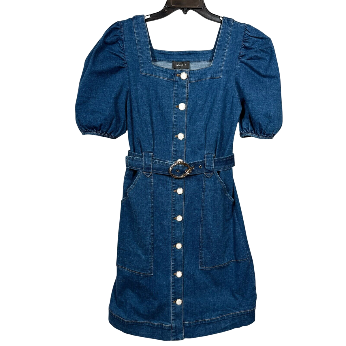 gracia denim dress Gracia Denim Dress Small Blue Pearl Button Belted Pockets Puff Sleeve Boho