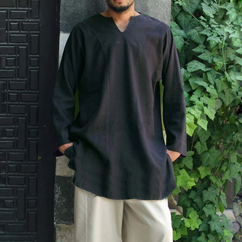 INCERUN Camicia Uomo Kurta Scollo V Cotone Tunica Caftano Musulmano Maniche Lunghe Top  - Immagine 3 di 4