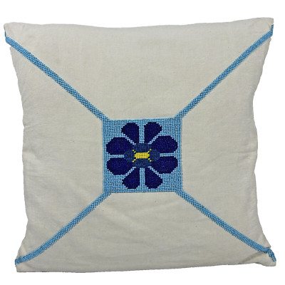 Pillow Cover Handmade Beaded Flower Design Blue 16X16 Boho Chic Muslin Unique