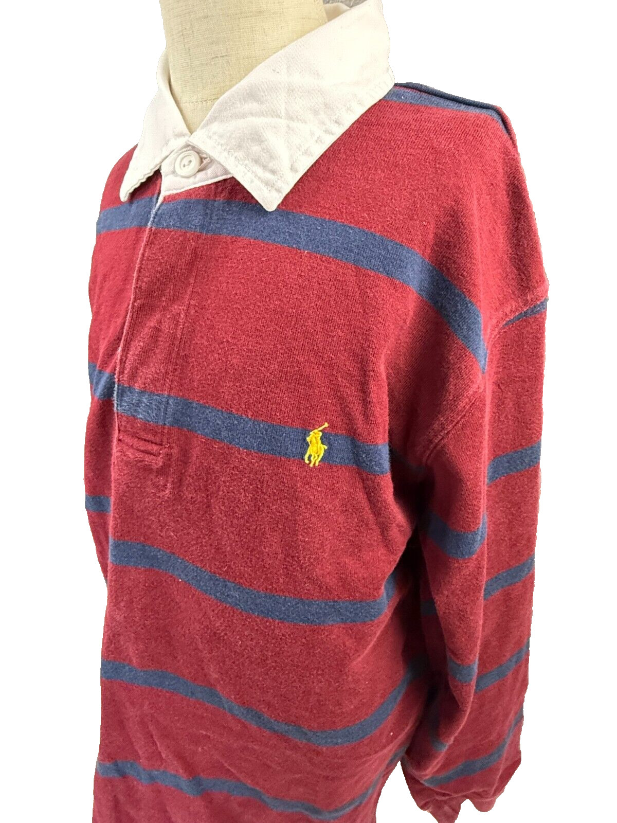 Polo Ralph Lauren Red Maroon Cotton Youth Vintage Rugby Long Sleeve Shirt Large