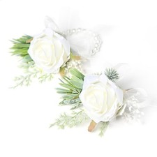 Pack of 2 Ivory Rose Wrist Corsage and Boutonniere Set for Men Women - Artifi...