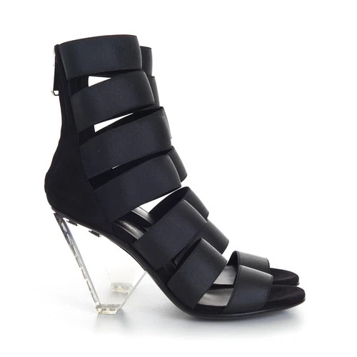 BALMAIN 1450$ Black Suede High Heel Sandals - Elastic Straps & Plexiglas Heel