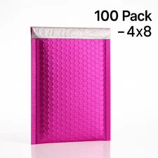 100 Metallic Pink 4x8 Poly Bubble Mailers Extra-Wide Padded Envelopes