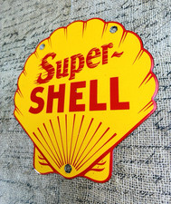 VINTAGE SUPER SHELL GASOLINE OIL GAS PUMP STATION PORCELAIN ADVERTISING SIGN