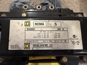 Square D 8536SGO1 NEMA Size 5 Open Motor Starter 110-120V Coil
