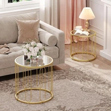 Small Coffee Table Set of 2, Gold Accent End Tables with Metal Frame, Round C...