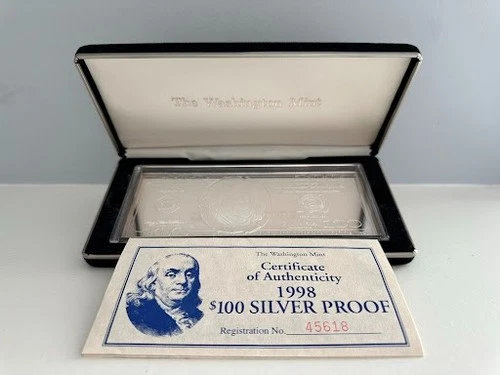 1/4 POUND .999 SILVER - 1998 $100 Franklin Proof - 4 Troy Oz - Washington Mint