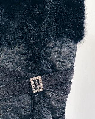 Black Faux Fur Knee High Wedge Snow Boots, Studded Buckle, Baby
