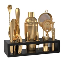 Bartender Kit with Espresso Bamboo Stand. Beautiful Cobbler Cocktail Shaker S...