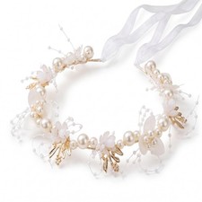 1 White Flower Headpiece, Bohemian Elastic Adjustable Handmade Floral Crown H...