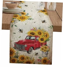 Red Truck Burlap Table Runner - 90 Inch Sunflower Pattern, Floral Dining Room 