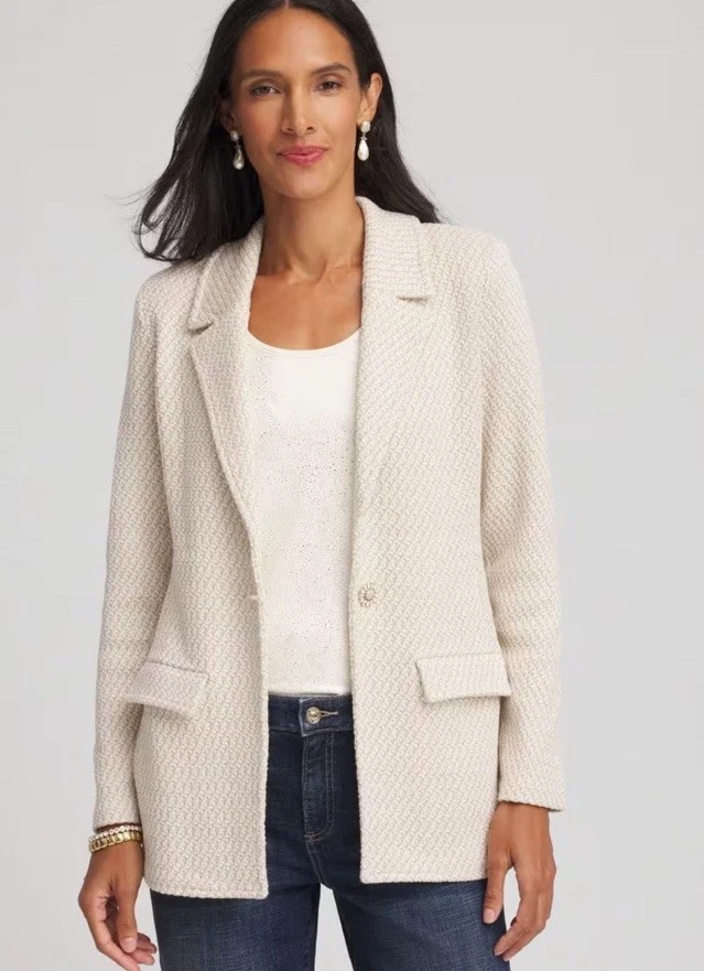 Chico’s Metallic Sweater Cardigan Blazer Size 4 (XXL) Rhinestone Button Gold NWT