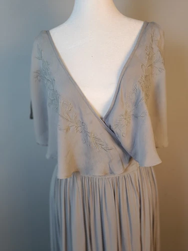 Free People Fiona S/P Grey Maxi Wrap Dress Embroidered Romantic Boho Gauzy - Picture 2 of 18