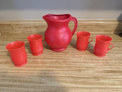 1980s Kool-Aid Man Red Plastic Pitcher Smiling Face 2-Quart Jug & 4 Cups