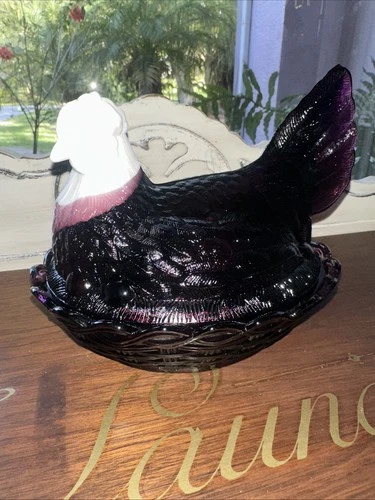 Vintage Amethyst Purple Glass Hen On A Nest Milk Glass Head 7" Candy Dish