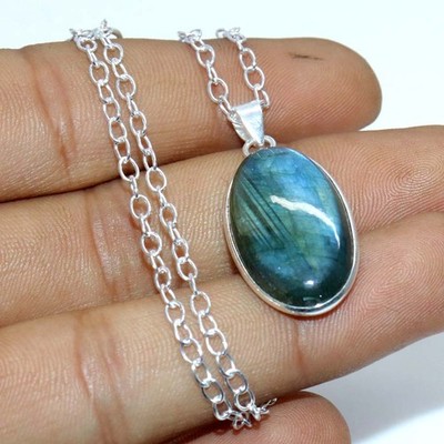 Decent Fiery Labradorite 925 Silver Plated Necklace 19'' Gemstone Jewellery JW