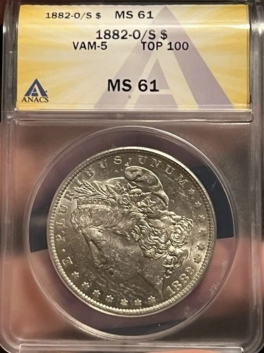 1882-O/S over-mintmark BU Morgan silver dollar. VAM-5 TOP 100 ANACS MS61