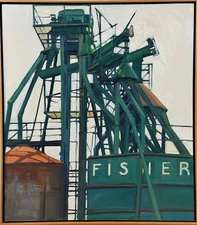 Vintage Industrial Landscape with Refinery Detail, Signed (1999, Oil on canvas)
