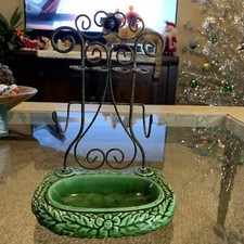 VTG Green Ceramic  Metal Toothbrush Bathroom Holder Embossed Flower Design MCM