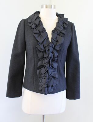 J Crew Womens Charcoal Gray Chimera Wool Silk Ruffle Collar Blazer Jacket Size 0