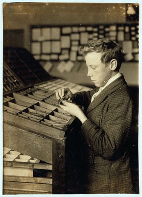 Typesetting. See 4168. Location: Fall River, Massachusetts. / Lewis W. Hine.