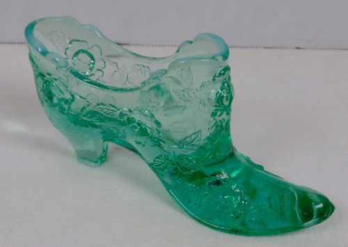 Vintage Fenton Teal Green Opalescent Shoe Cabbage Rose Marked With Stamp
