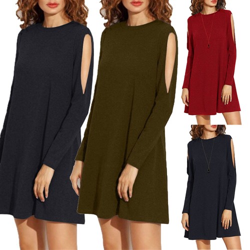 Women Long Sleeve Shirt Short Dress Casual Flared Swing Skater Mini Dress Spring - Picture 2 of 30