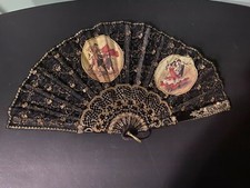 Vintage Spanish Bull Fighting Folding Fan Gold Inlay Laced