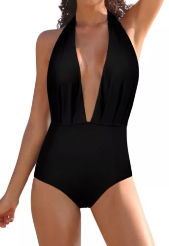 Shekini Black Retro Deep V-Neck Backless High Waisted One Piece Swimsuit XXL NWT