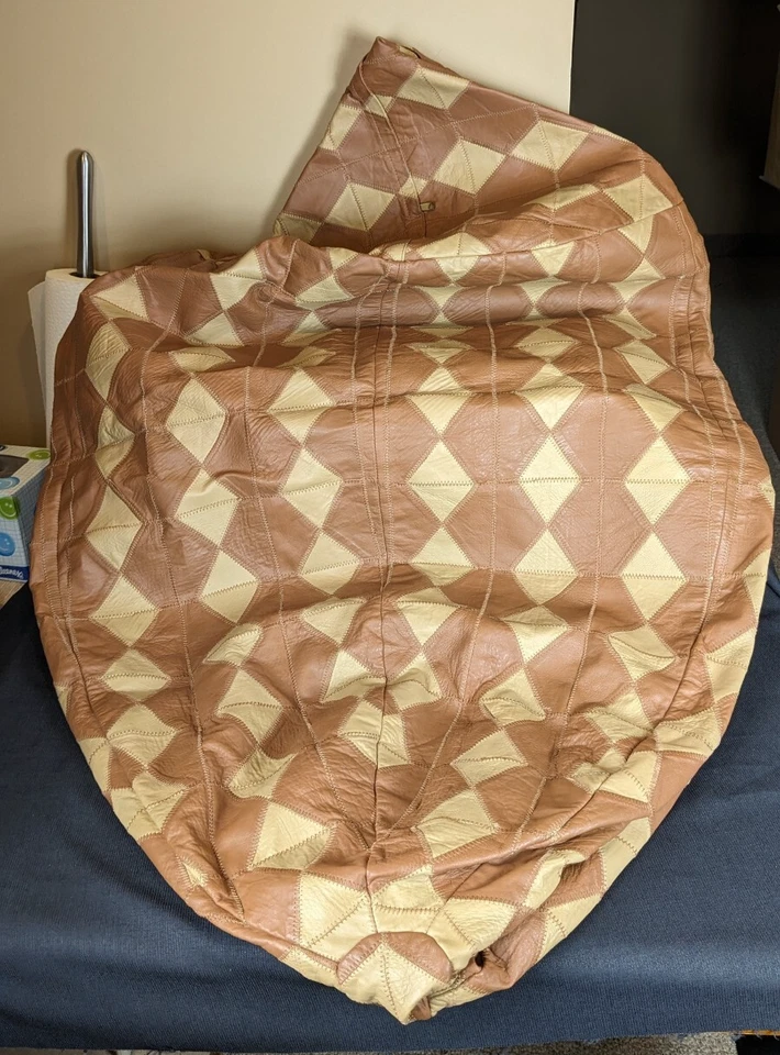 Silla Bean Bag para Adultos (Sin Relleno) Cuero Real Tostado y Marrón a Cuadros Foto 2 de 3