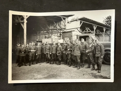 Soldiers Gathered By Truck WW2 WWII German Third Reich Military War Photo