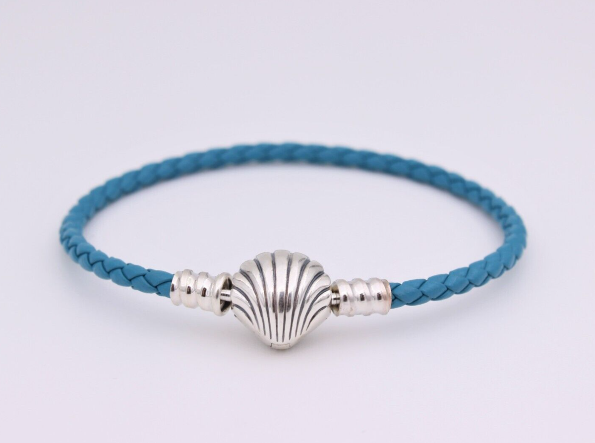 Authentic PANDORA Seashell Clasp Blue Leather Charm Bracelet