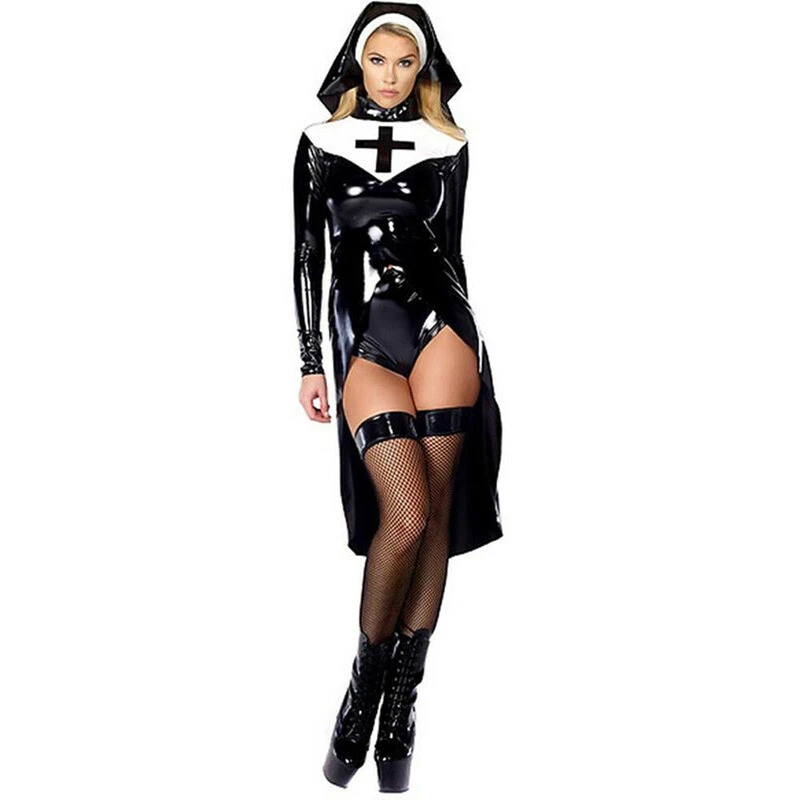 Disfraz de Halloween Sexy Negro Mujer Monja Disfraz Vinilo Cuero Juegos con disfraces Aspecto Húmedo Foto 2 de 4