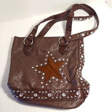 CW Brown Rhinestone Studded Handbag Purse Textured Faux Leather Fur Star Western