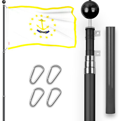 Combo: 16 Ft Telescoping Flagpole Black & Rhode Island RI State Flag 3x5 Ft Emb