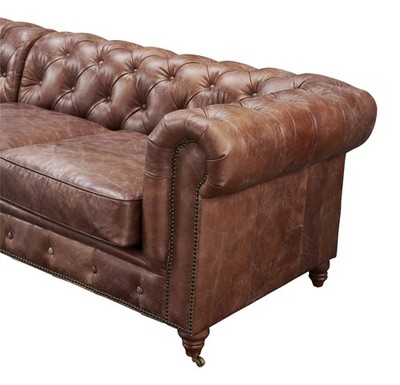 Pemberly Row Top Grain Leather Chesterfield Leather 118'' Sofa in Dark Brown