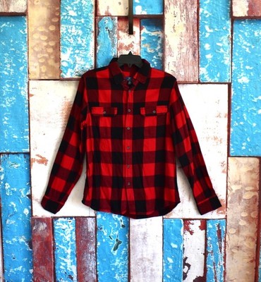 Men's George Button Up Flannel Shirt Long Sleeve Plaid MEDIUM Red/Black