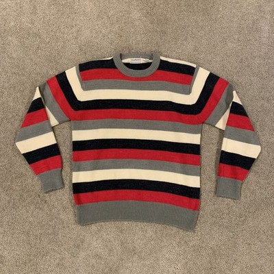 Vintage Brian MacNeil Sweater Mens L Gray Ivory Red Striped Acrylic Pullover 90s