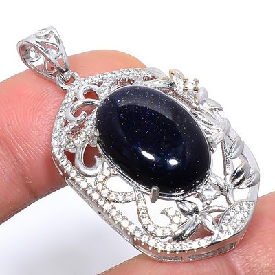 Blue Sun Stone & Cz 925 Sterling Silver Pendant 1.6'' M1486