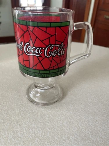 Vintage RARE 8 oz Green & Red  Clear Coca-Cola Tiffany Stained Glass Footed Mug
