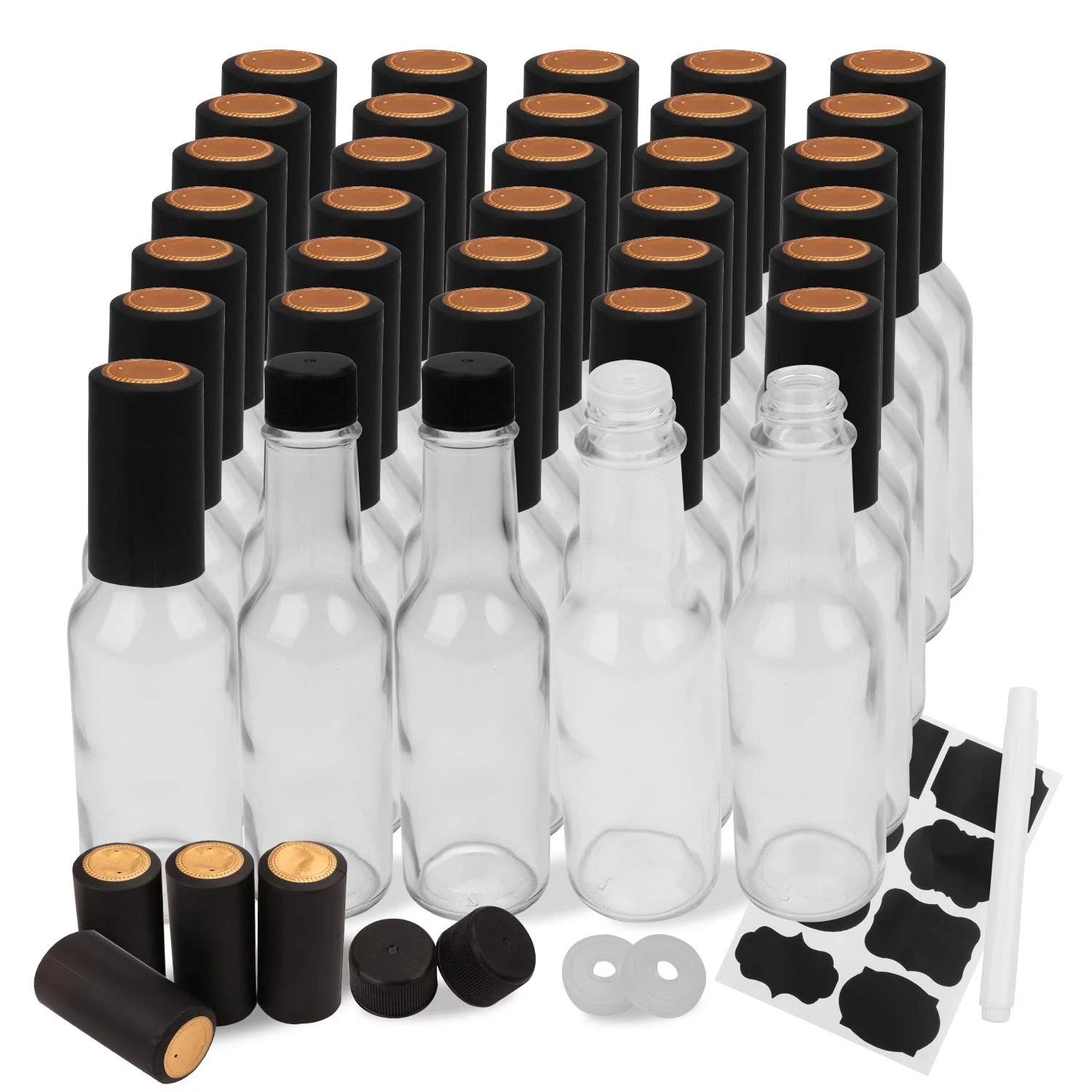 Encheng 35 Pack 5oz Hot Sauce Bottles with Lids,Glass Woozy 35pcs, Black