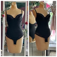 Vintage 80s 90s Lingerie Teddy Bodysuit Black Stretchy Shapewear Lace XS/S