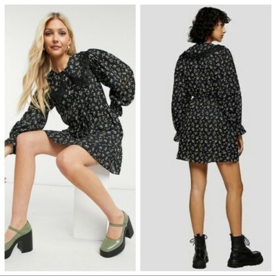 topshop floral lace dress Topshop Womens Size 6 Black Lace Floral Fitted Long Sleeve Dress Sexy