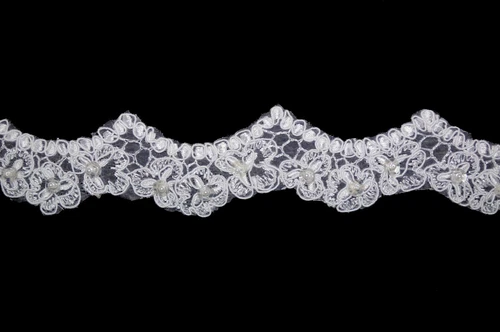 Unotrim 1 & 7/8" White Bridal Rayon Corded Embroidered Beaded Sequins Lace Trim